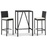 3 Piece Outdoor Bar Set with Cushions Black Poly Rattan - Front View