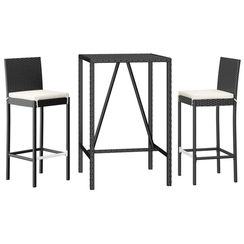 3 Piece Outdoor Bar Set with Cushions Black Poly Rattan