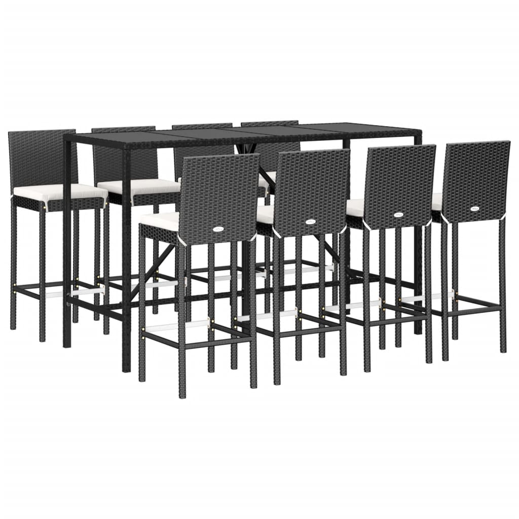 9 Piece Outdoor Bar Set with Cushions Black Poly Rattan
