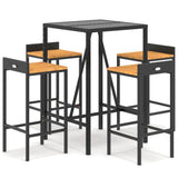 5 Piece Garden Bar Set Black Poly Rattan& Solid Wood Acacia - Front View