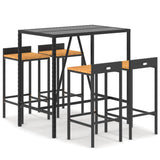 5 Piece Garden Bar Set Black Poly Rattan& Solid Wood Acacia - Front View