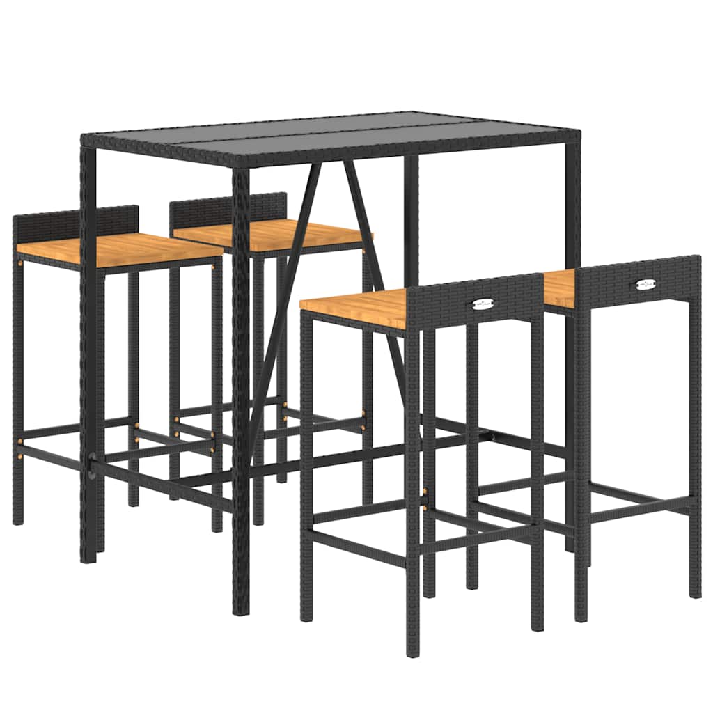 5 Piece Garden Bar Set Black Poly Rattan& Solid Wood Acacia