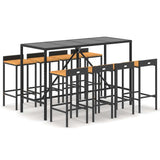 9 Piece Garden Bar Set Black Poly Rattan& Solid Wood Acacia - Front View