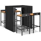 5 Piece Garden Bar Set Black Poly Rattan& Solid Wood Acacia - Front View