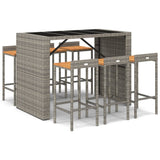 7 Piece Garden Bar Set Grey Poly Rattan& Solid Wood Acacia - Front View