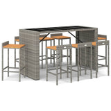 9 Piece Garden Bar Set Grey Poly Rattan& Solid Wood Acacia - Front View