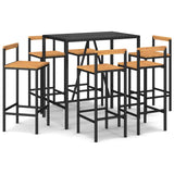 7 Piece Garden Bar Set Black Poly Rattan& Solid Wood Acacia - Front View