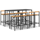 9 Piece Garden Bar Set Black Poly Rattan& Solid Wood Acacia - Front View