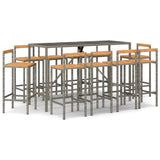 11 Piece Garden Bar Set Grey Poly Rattan& Solid Wood Acacia - Front View