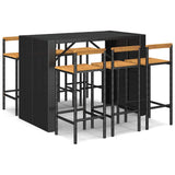 7 Piece Garden Bar Set Black Poly Rattan& Solid Wood Acacia - Front View