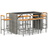 9 Piece Garden Bar Set Grey Poly Rattan& Solid Wood Acacia - Front View