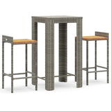 3 Piece Garden Bar Set Grey Poly Rattan&Solid Wood Acacia - Front View