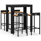 5 Piece Garden Bar Set Black Poly Rattan&Solid Wood Acacia - Front View