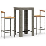3 Piece Garden Bar Set Grey Poly Rattan&Solid Wood Acacia - Front View