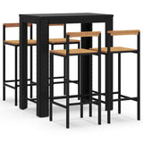 5 Piece Garden Bar Set Black Poly Rattan&Solid Wood Acacia - Front View