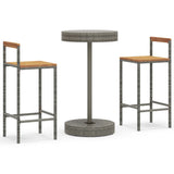 3 Piece Garden Bar Set Grey Poly Rattan&Solid Wood Acacia - Front View