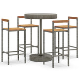 5 Piece Garden Bar Set Grey Poly Rattan&Solid Wood Acacia - Front View