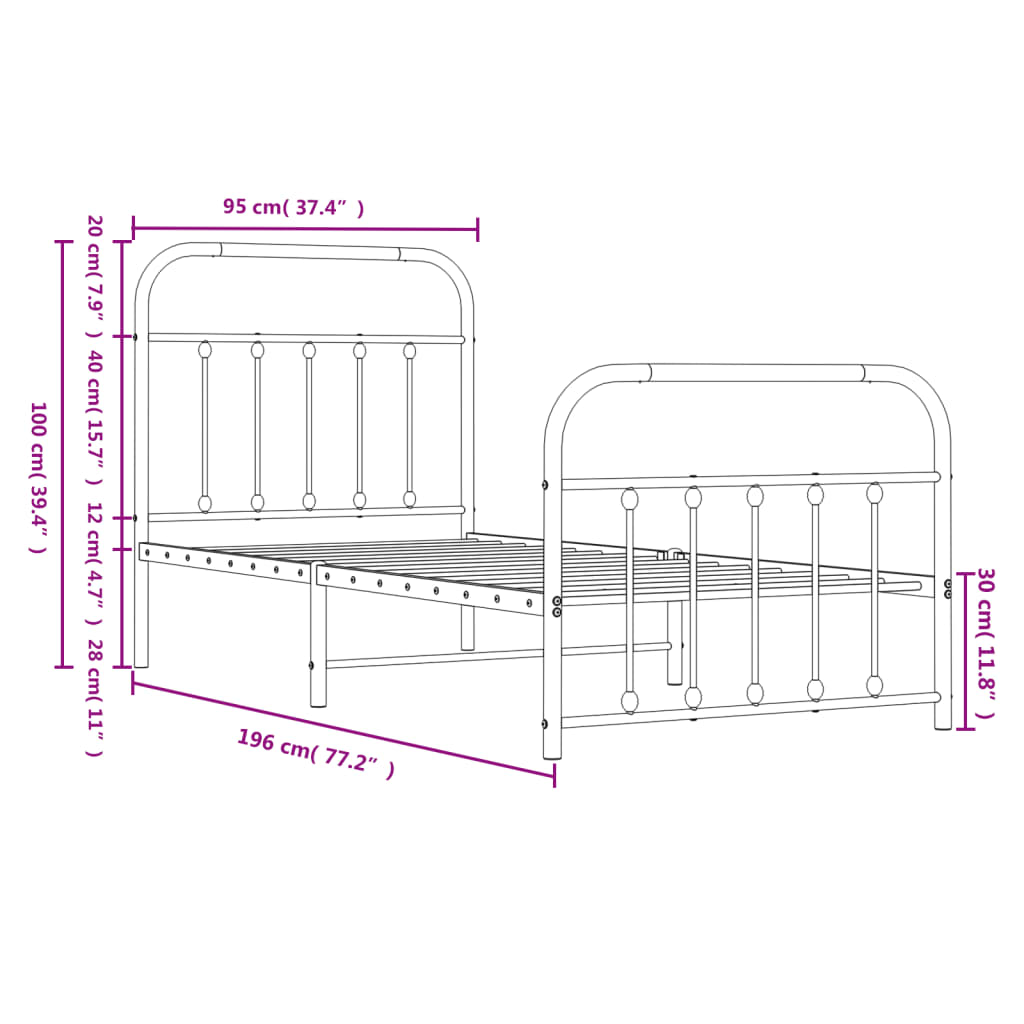 Metal Bed Frame without Mattress with Footboard Black 90x190 cm