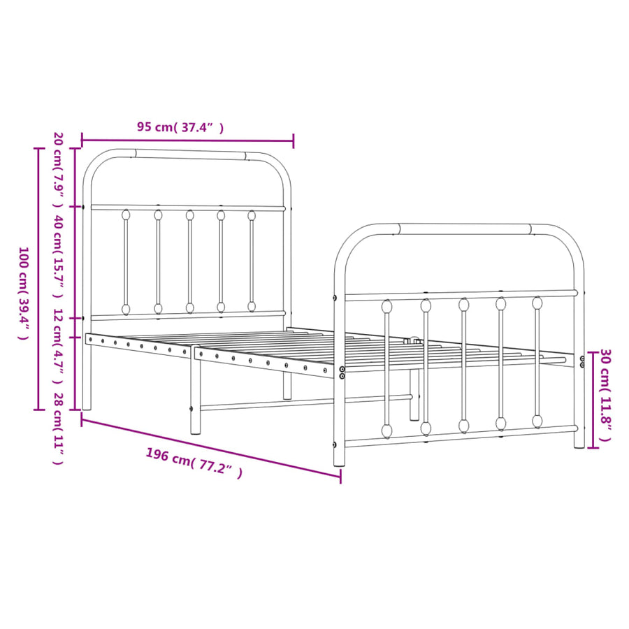 Metal Bed Frame without Mattress with Footboard Black 90x190 cm