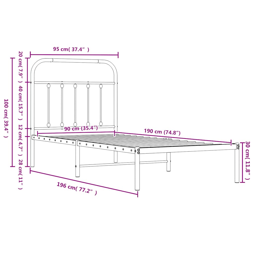 Metal Bed Frame without Mattress with Headboard White 90x190 cm