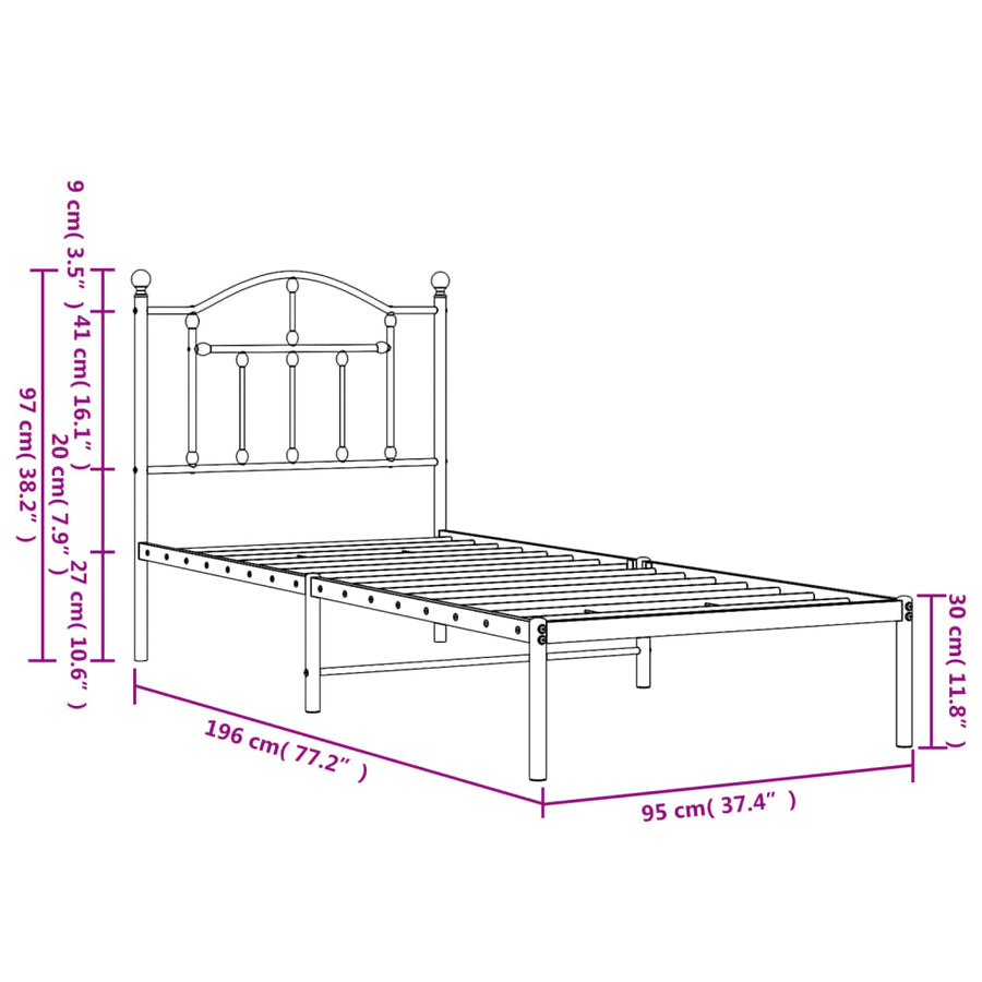 Metal Bed Frame without Mattress with Headboard Black 90x190 cm