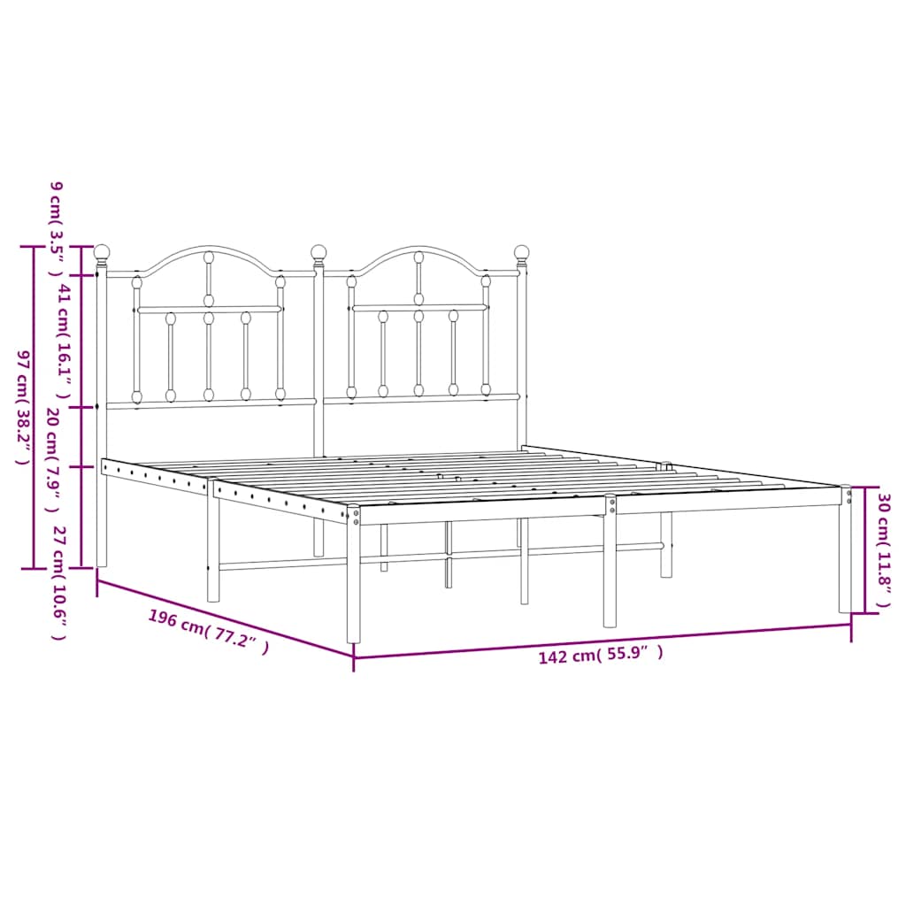 Metal Bed Frame without Mattress with Headboard Black 135x190 cm