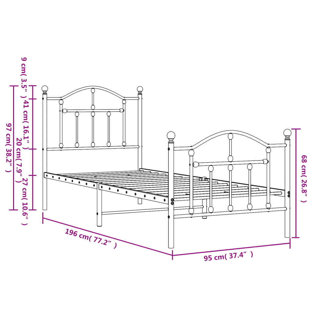 Metal Bed Frame without Mattress with Footboard Black 90x190 cm