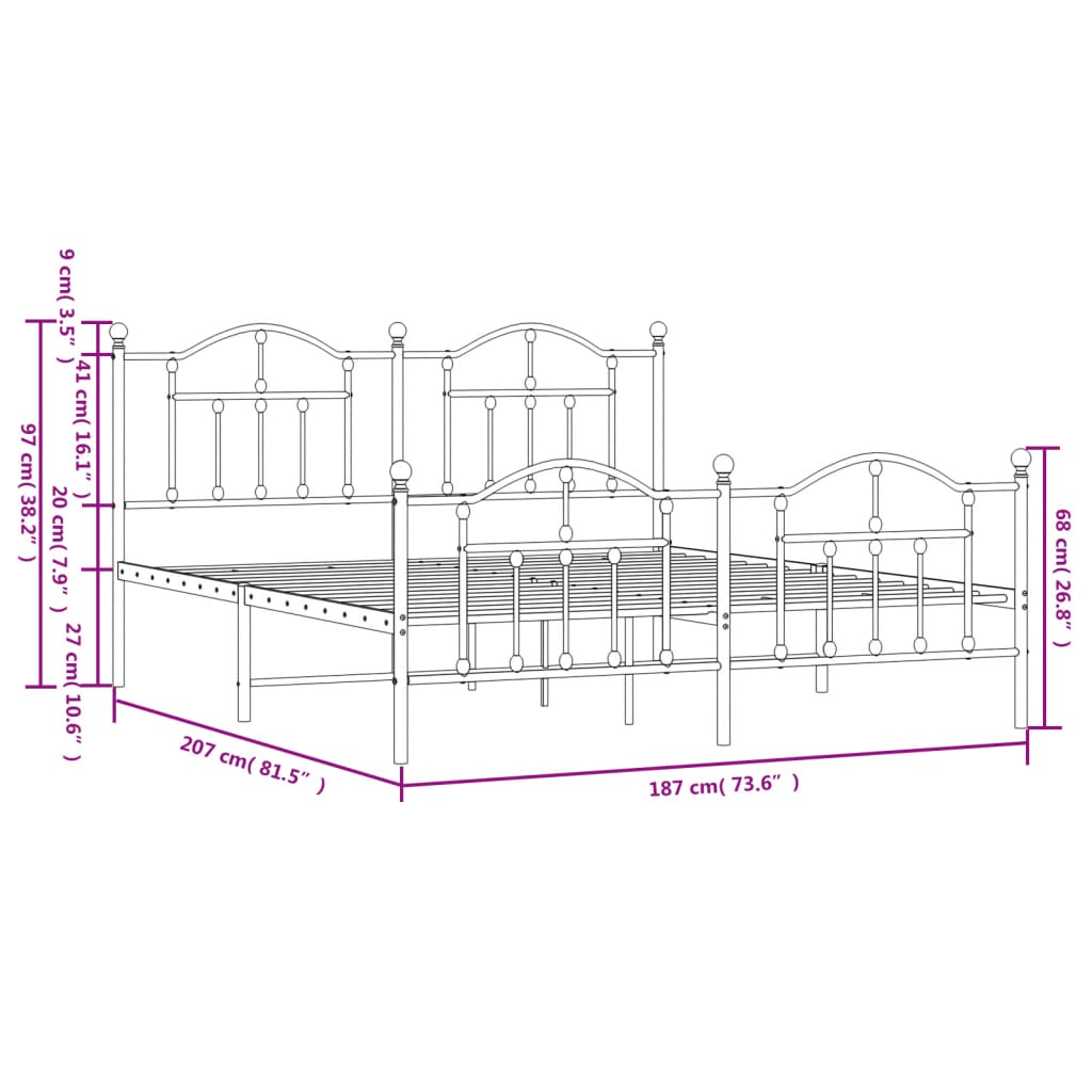 Metal Bed Frame without Mattress with Footboard Black 183x203 cm King