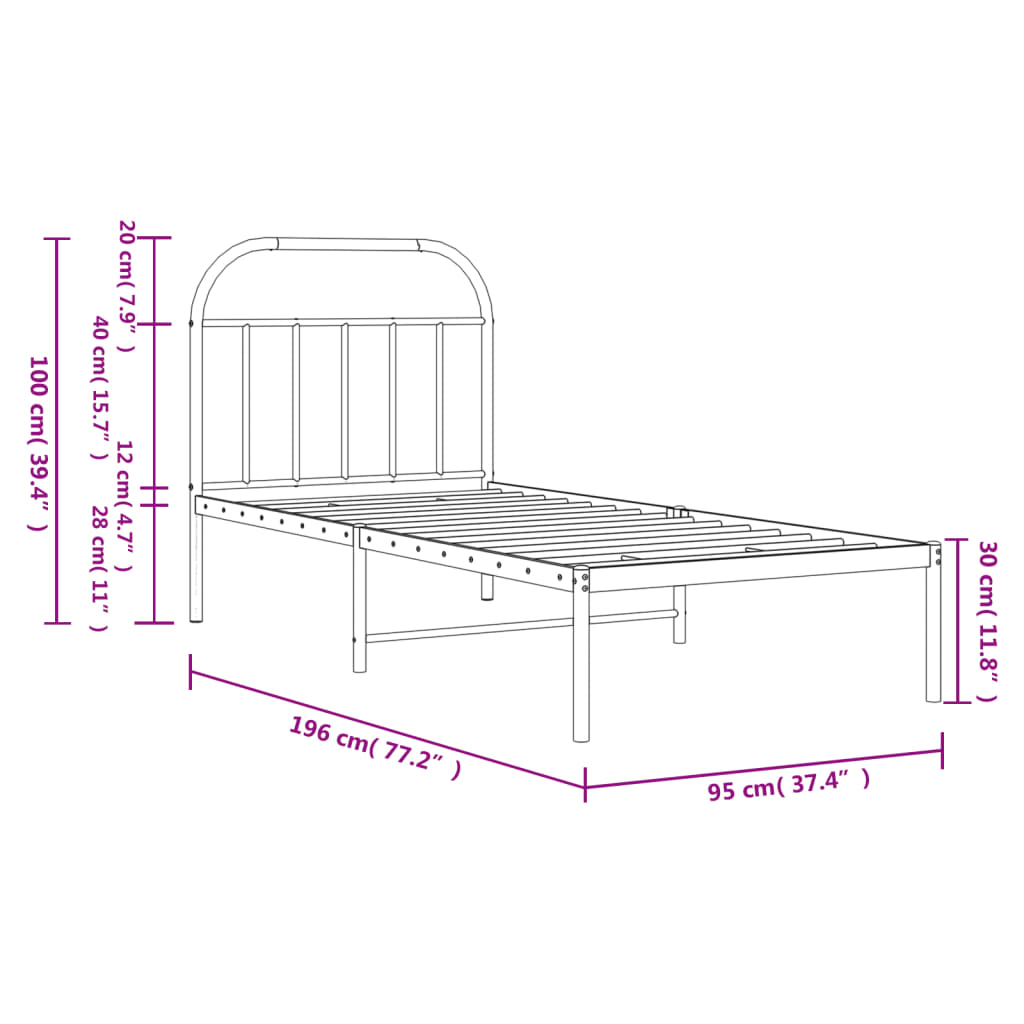 Metal Bed Frame without Mattress with Headboard Black 90x190 cm
