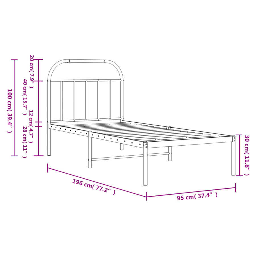 Metal Bed Frame without Mattress with Headboard Black 90x190 cm