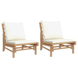 Garden Chairs 2 pcs with Cream White Cushions Bamboo - Front View