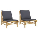Garden Chairs 2 pcs with Dark Grey Cushions Bamboo - Front View