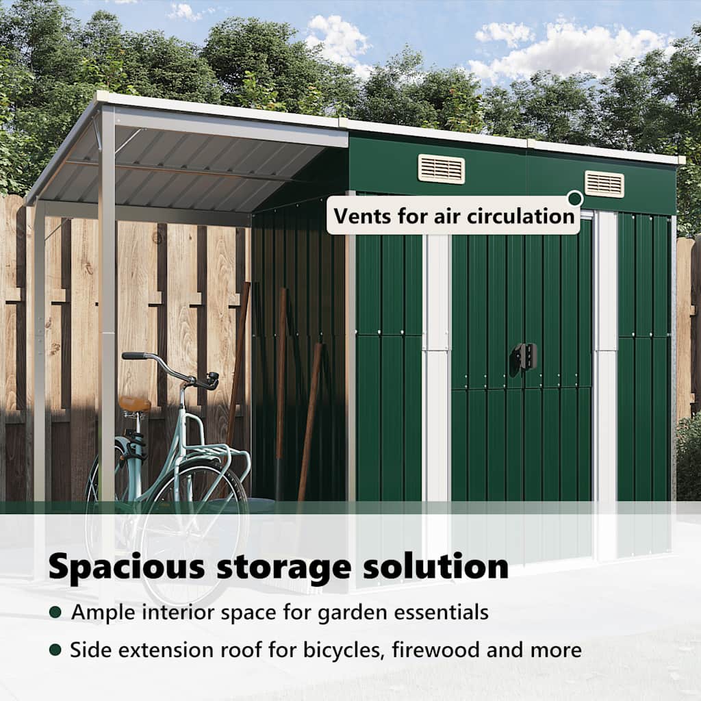 Garden Shed with Extended Roof Green 277x107x181 cm Steel