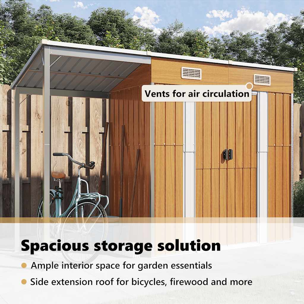 Garden Shed with Extended Roof Light Brown 277x107x181 cm Steel