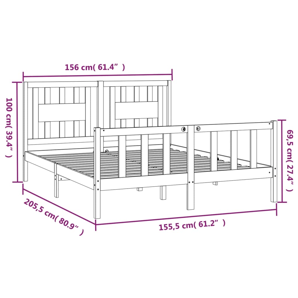 Bed Frame without Mattress Black Solid Wood Pine 150x200 cm