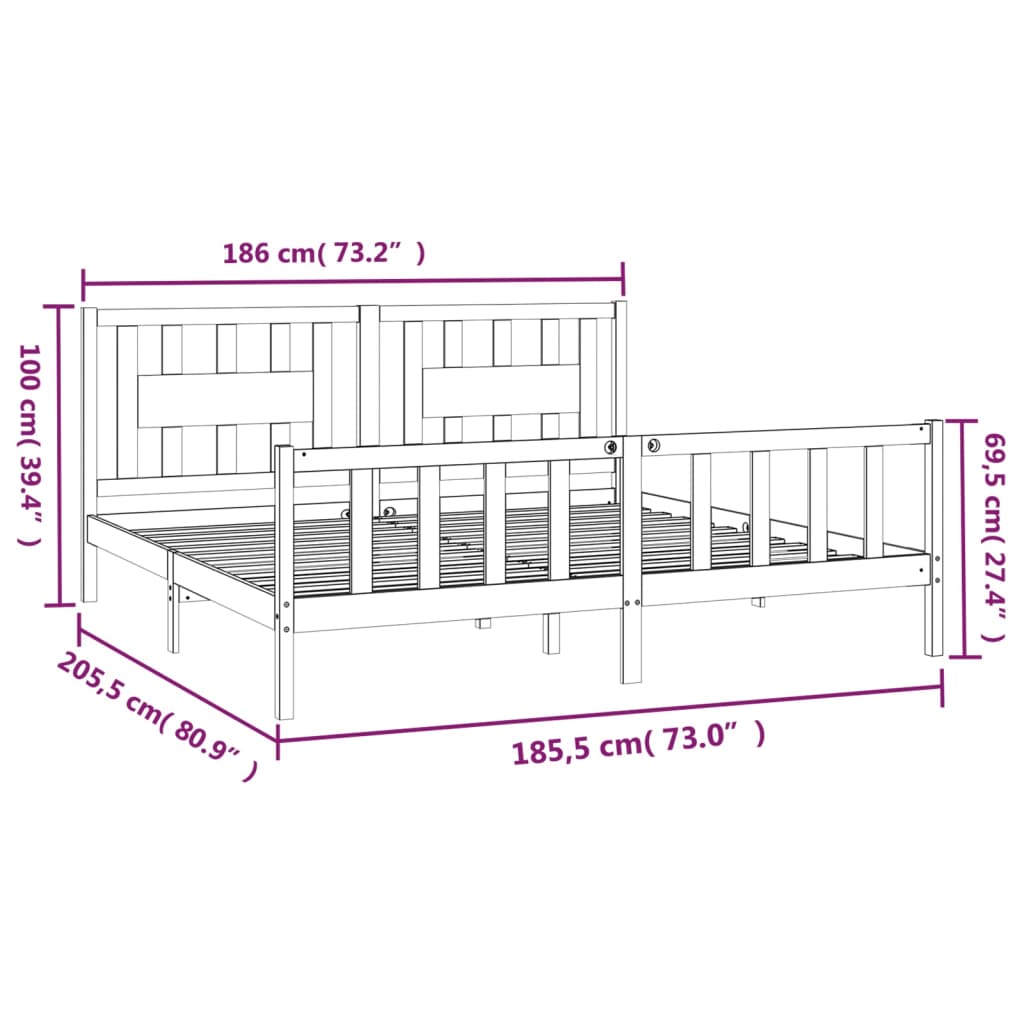 Bed Frame without Mattress Black Solid Wood Pine 183x203 cm King