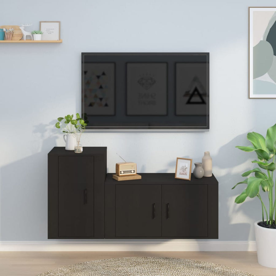 2 Piece TV Cabinet Set Black Engineered Wood