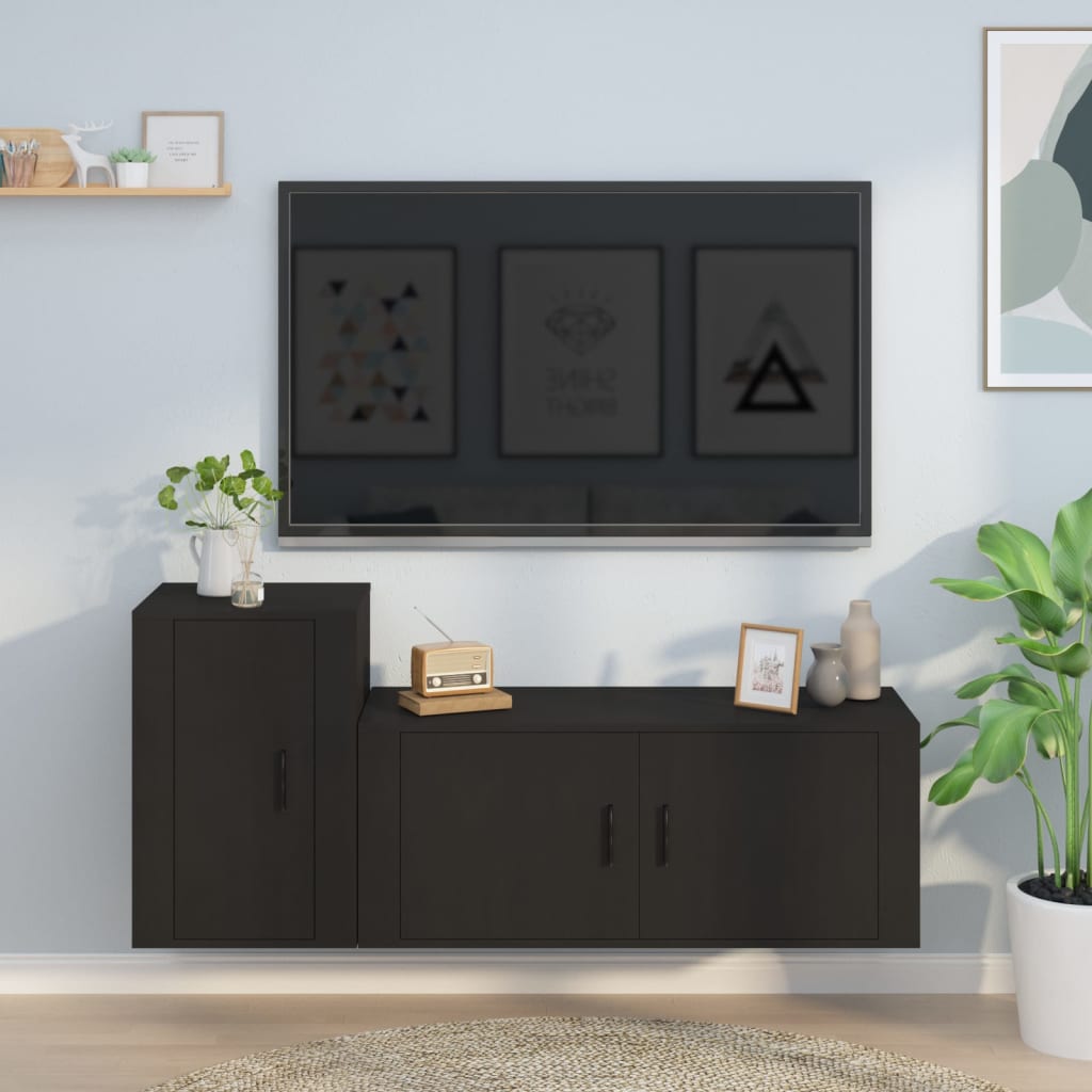 2 Piece TV Cabinet Set Black Engineered Wood