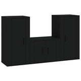 3 Piece TV Cabinet Set Black Engineered Wood - Front View