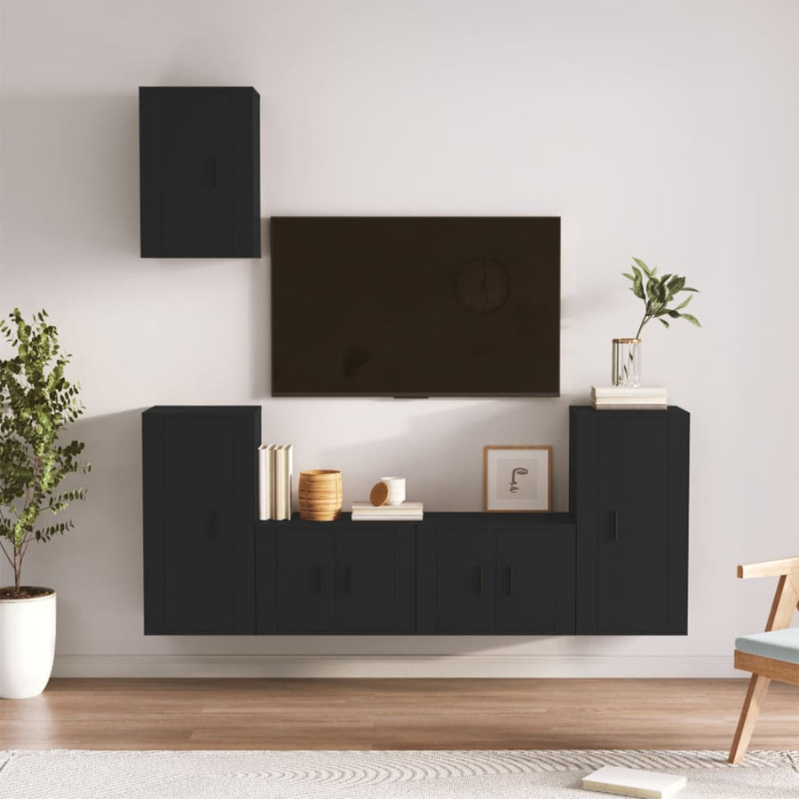 5 Piece TV Cabinet Set Black Engineered Wood