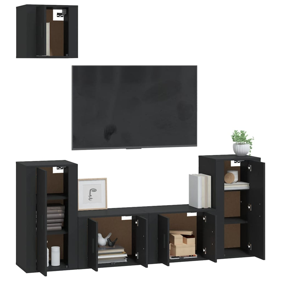 5 Piece TV Cabinet Set Black Engineered Wood