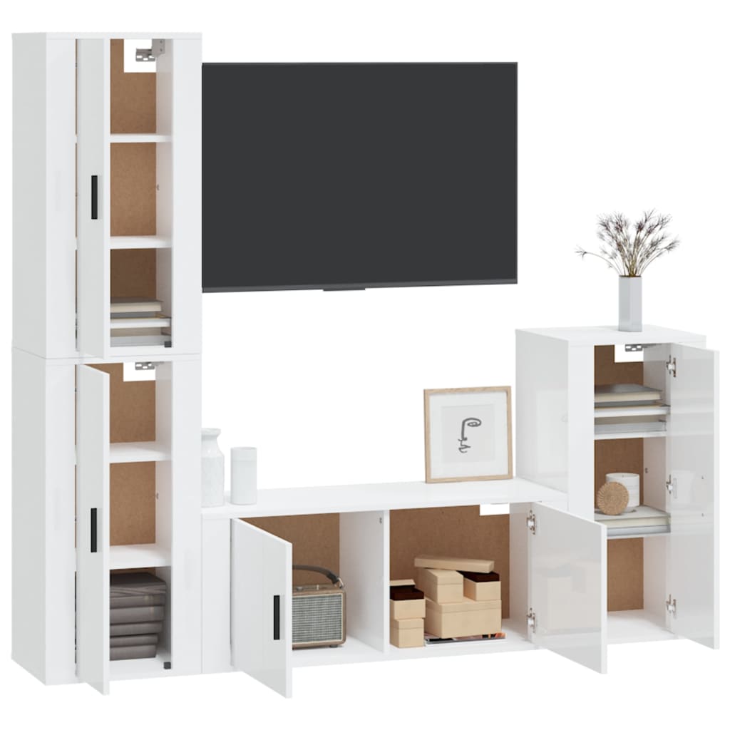 4 Piece TV Cabinet Set High Gloss White Engineered Wood