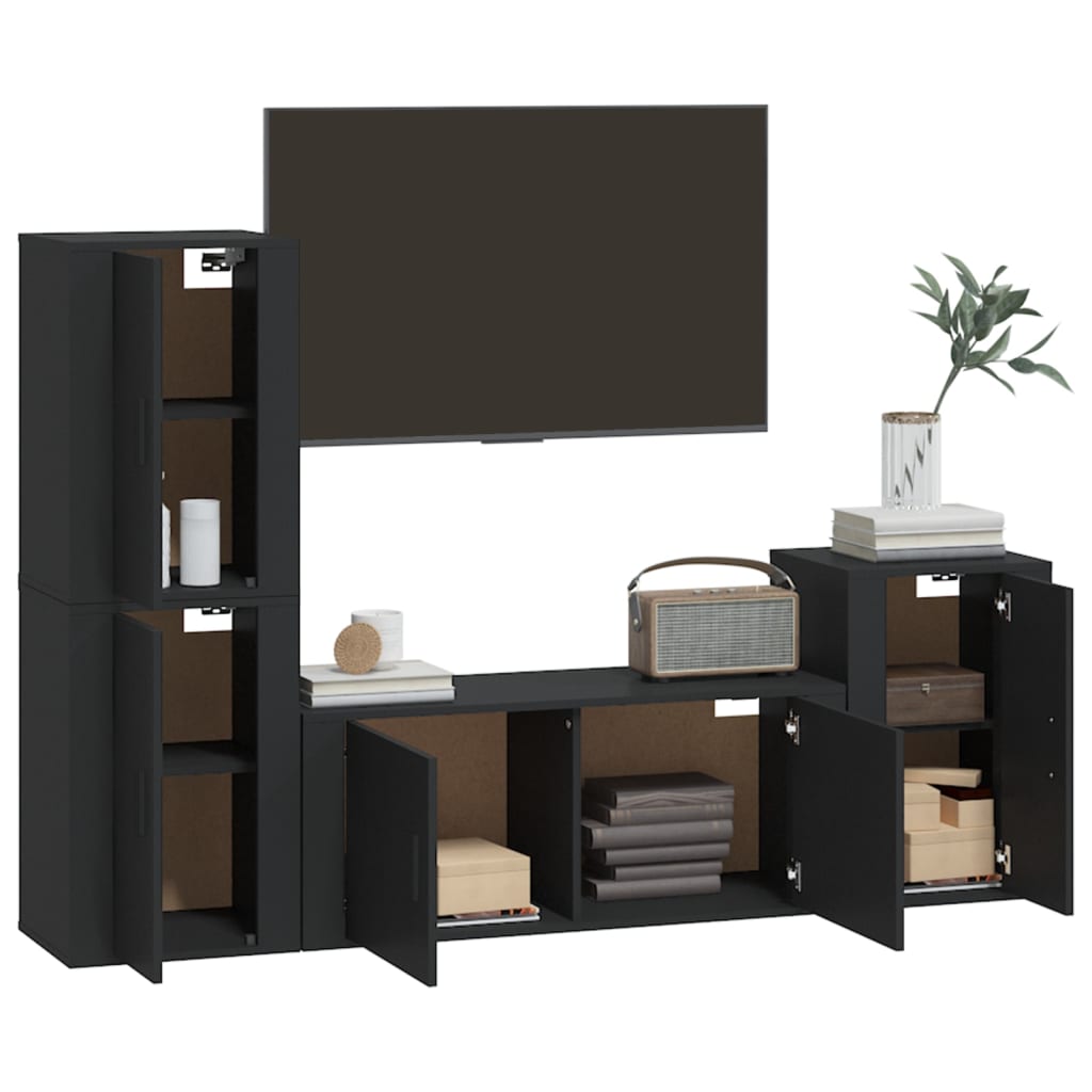 4 Piece TV Cabinet Set Black Engineered Wood