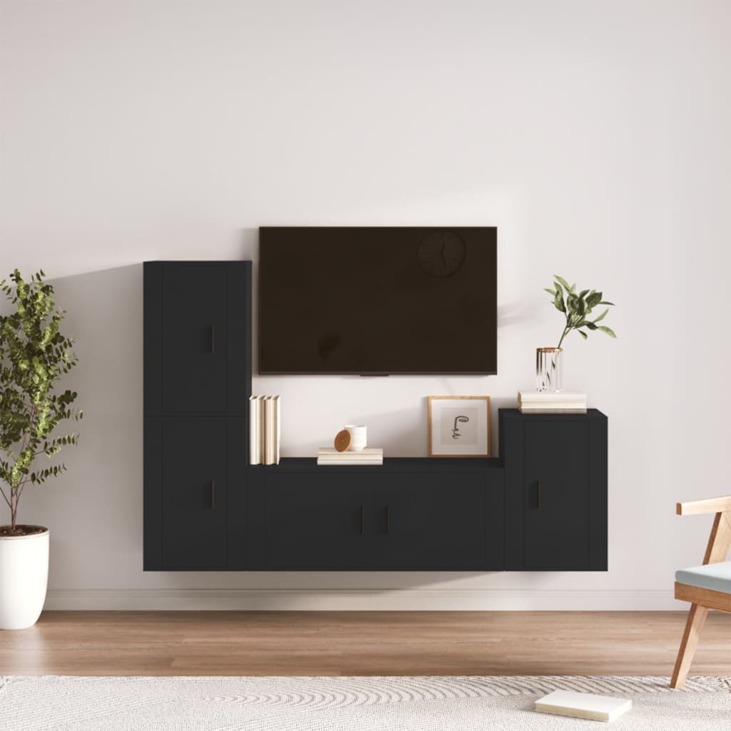 4 Piece TV Cabinet Set Black Engineered Wood
