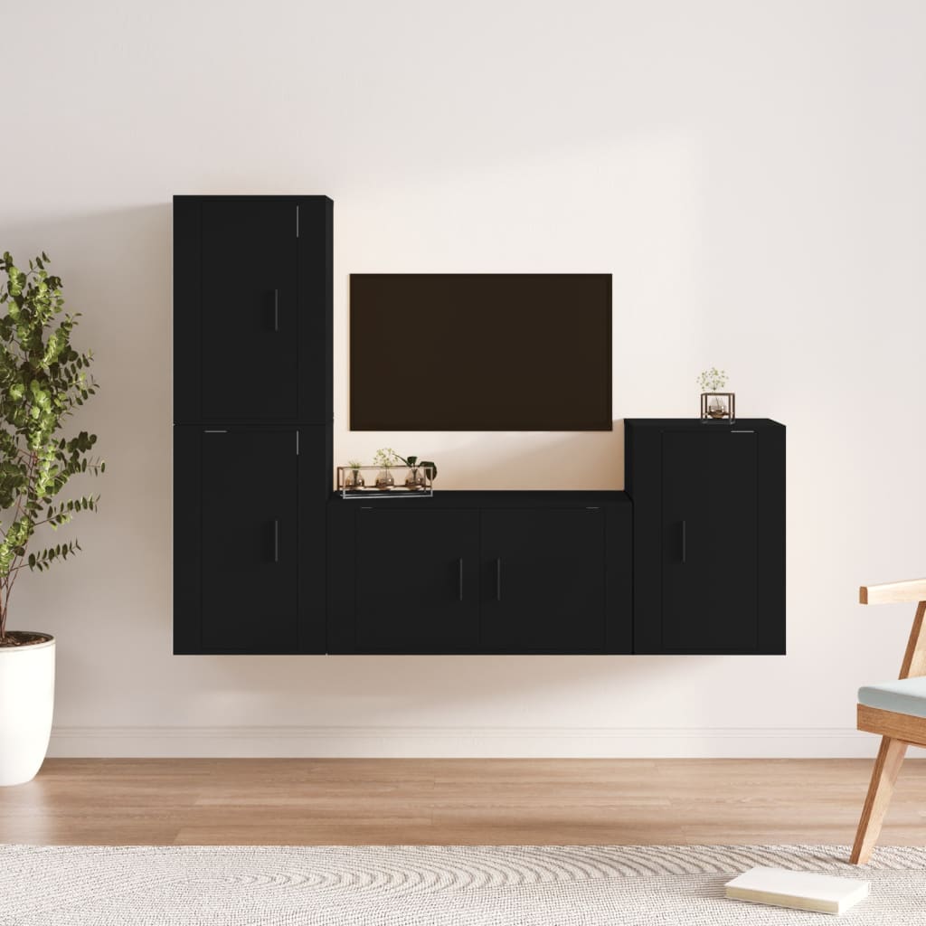 4 Piece TV Cabinet Set Black Engineered Wood