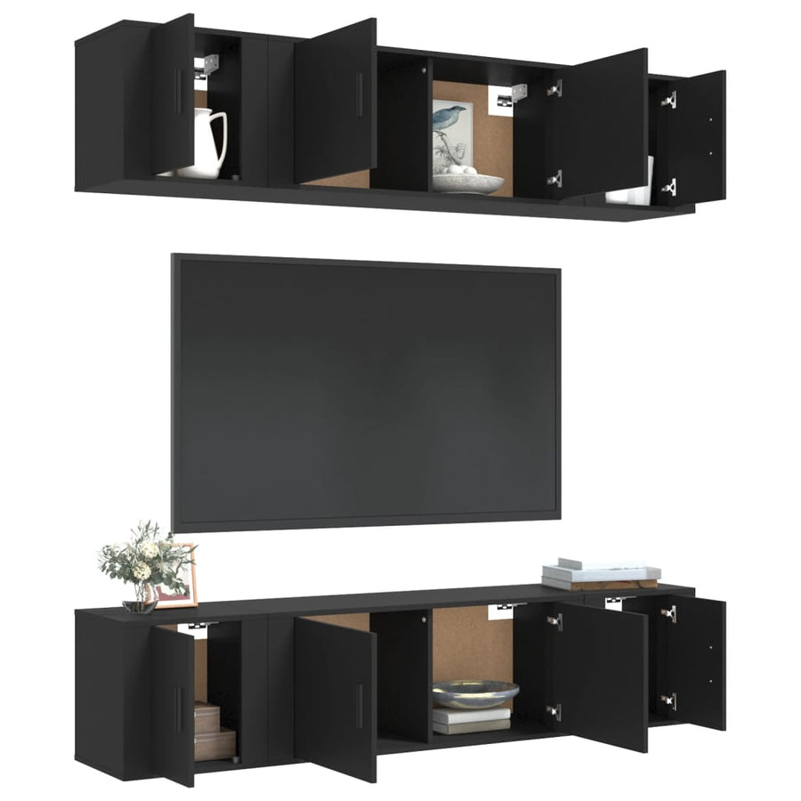 6 Piece TV Cabinet Set Black Engineered Wood