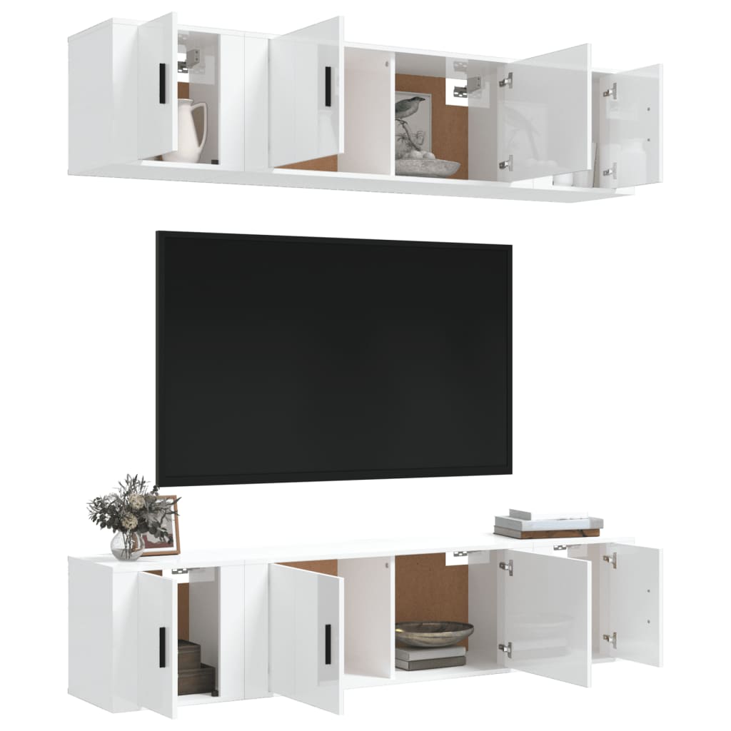 6 Piece TV Cabinet Set High Gloss White Engineered Wood