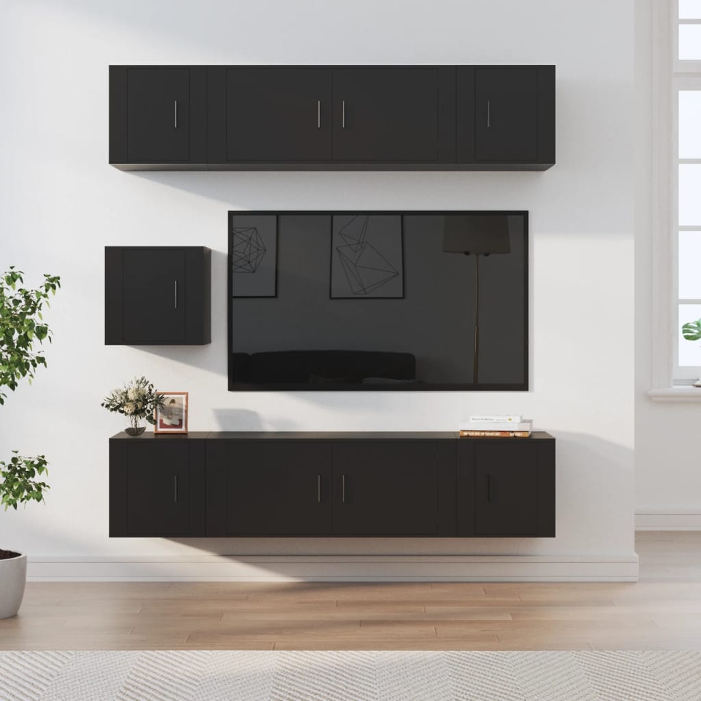 7 Piece TV Cabinet Set Black Engineered Wood
