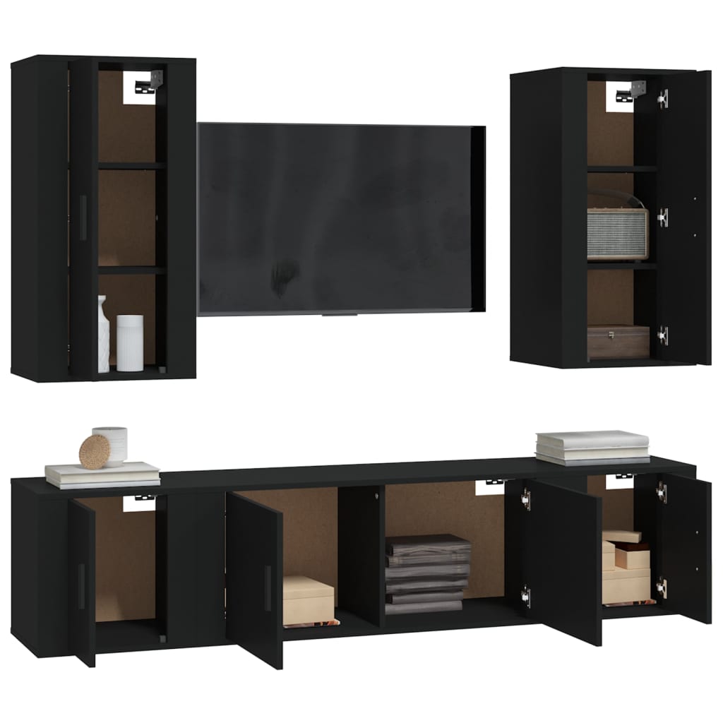 5 Piece TV Cabinet Set Black Engineered Wood