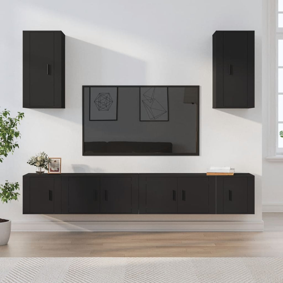 6 Piece TV Cabinet Set Black Engineered Wood